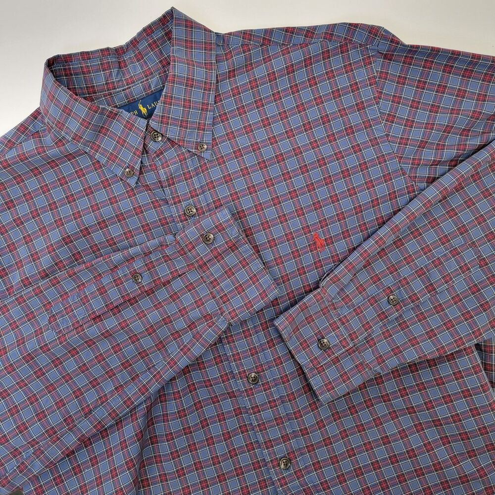 Ralph Lauren Mens Classic Fit Cotton Blue/Red Plaid Long Sleeve Collared Shirt L